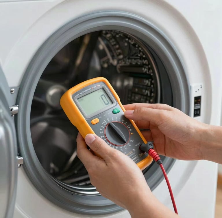 Close-up of clean hands using a digital diagnostic multimeter on the control board of a modern washing machine, high-CRI white light, sharp focus on circuitry