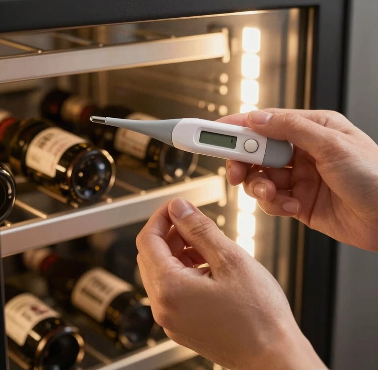 A macro photograph of clean hands using a digital thermometer probe to calibrate the internal temperature of a premium built-in wine cellar cabinet, soft interior LED lighting.