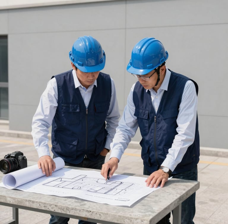 On-site engineering review, two focused engineers in navy blue vests examining structural blueprints on a concrete table, bright natural daylight, sharp focus, architectural slate gray tones.