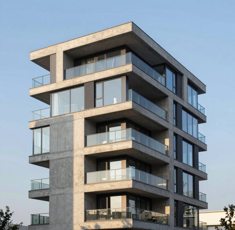 Finished architectural masterpiece, modern luxury concrete and glass residence at golden hour, sharp shadows, clean lines, professional 35mm dslr photograph.