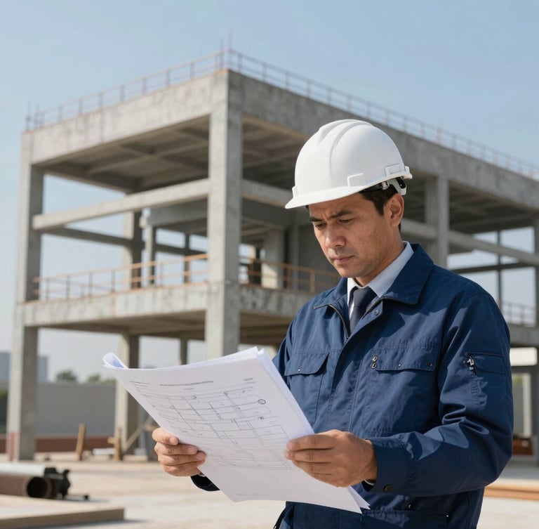 Fotografia vertical em foco nítido de um engenheiro civil revisando projetos técnicos em prancheta de obra, com estrutura de concreto armado ao fundo, iluminação natural clara.