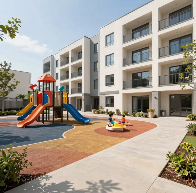 Bright modern apartment building courtyard with playground, clean pathways, sunny day, family-friendly environment, realistic colors