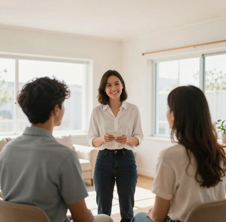 Friendly real estate agent talking with a smiling young couple in a bright, sunlit room, natural daylight, authentic interaction