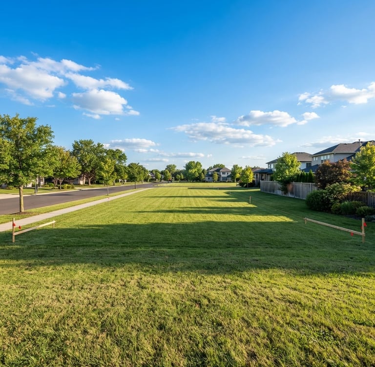 Wide-angle daylight photo of a flat, clean residential land plot with green grass, clear blue sky, sunny afternoon lighting, realistic real estate photography style