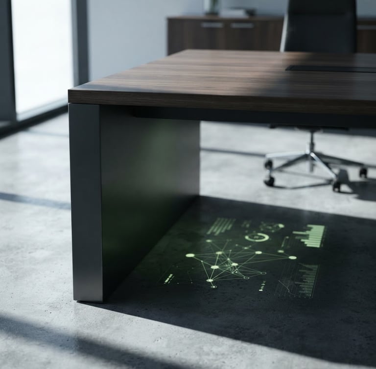 Sharp architectural crop of a modern boardroom table with subtle data projections in acid green, high-contrast shadows, 50mm lens, professional, editorial B2B photography