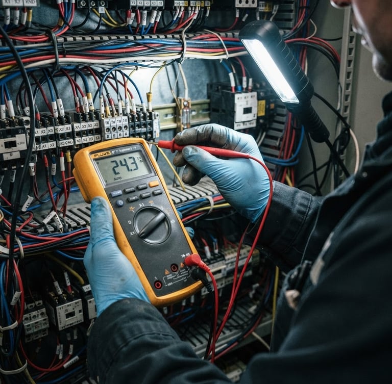Close-up of hands using a digital diagnostic multimeter on a complex industrial control panel, bright direct work light, sharp details