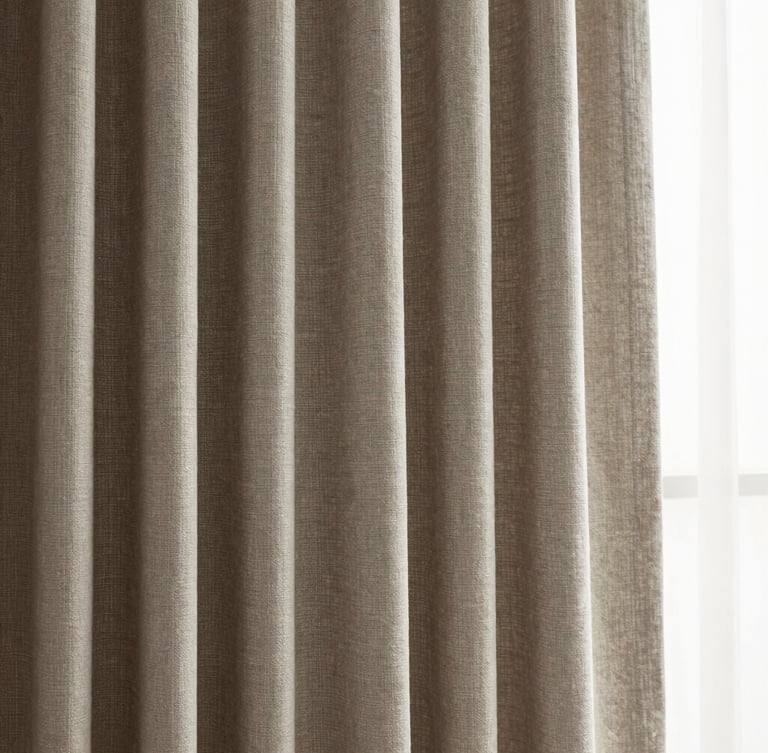 A close-up of a floor-to-ceiling custom linen curtain hanging in soft, deep folds, natural side-light from a window casting delicate shadows on the heavy weave