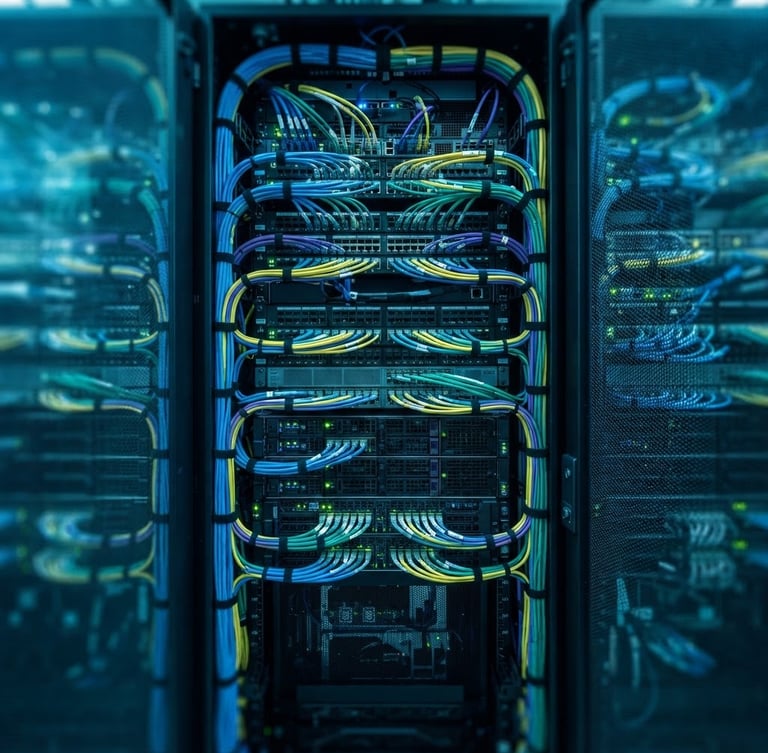 Symmetrical architectural photography of a meticulously organized enterprise server rack, neat color-coded structured cabling glowing under cool blue and teal LED datacenter lights, macro depth of field.