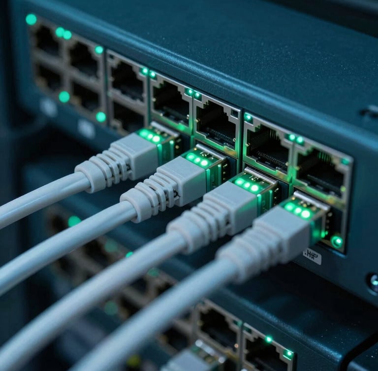 Close-up of high-end network switch interfaces with active blinking aqua and green status LEDs, perfectly routed fiber optic patch cords showing high-contrast precision.