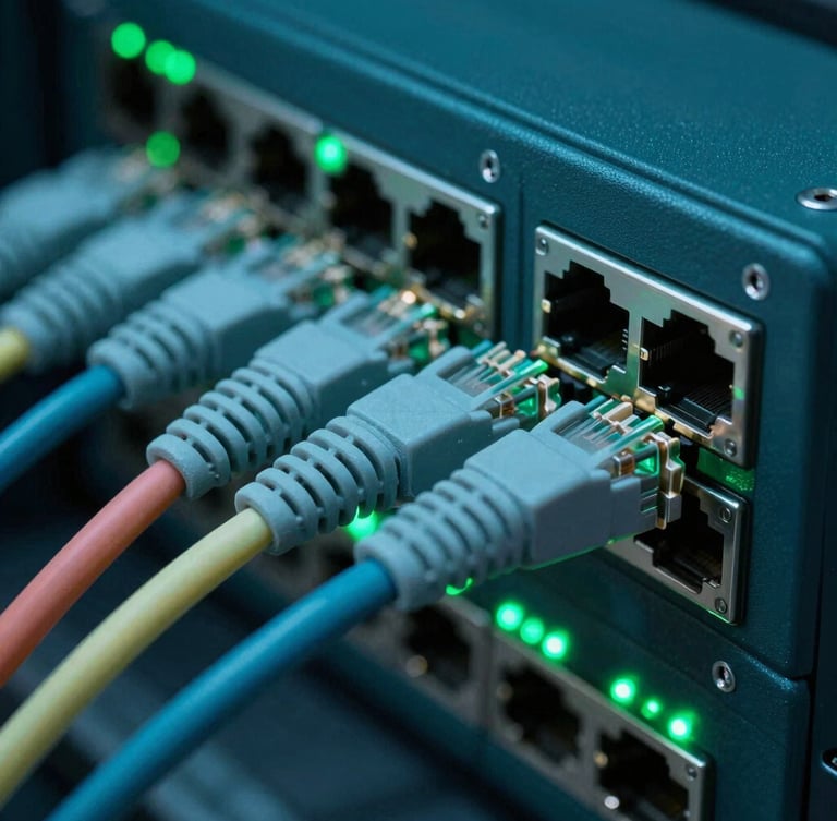 Macro photograph of color-coded structured ethernet cables plugged into a high-end network switch, cool green status LEDs, sharp focus.