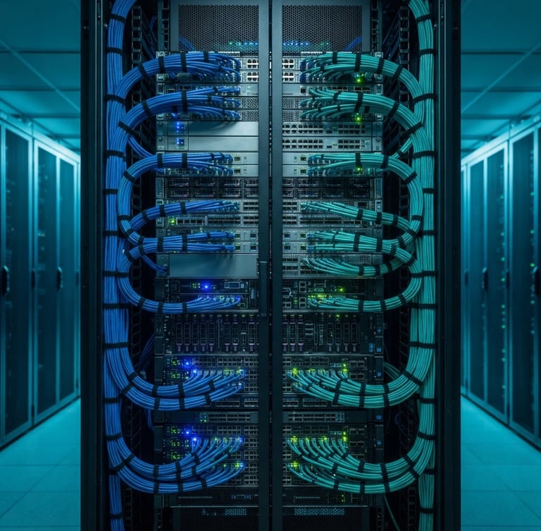 Symmetrical architectural shot of a clean enterprise server rack with organized blue and green cables, cool LED lighting, macro lens detail