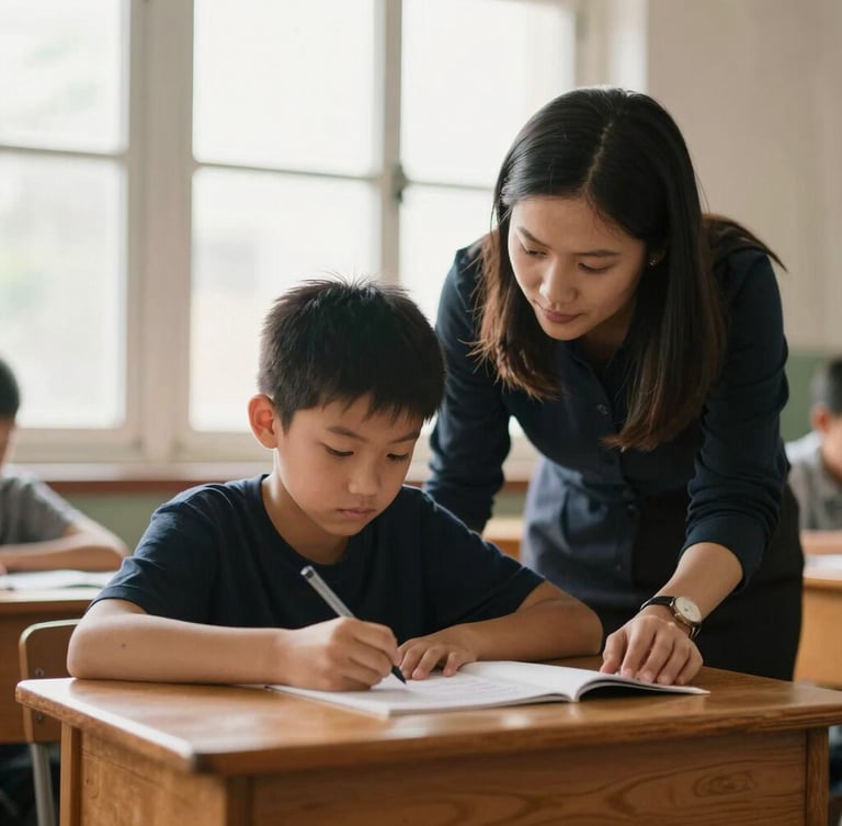 A warm, high-contrast documentary photograph of a teacher guiding a student over a wooden desk, soft natural window light, rich organic tones, shallow depth of field