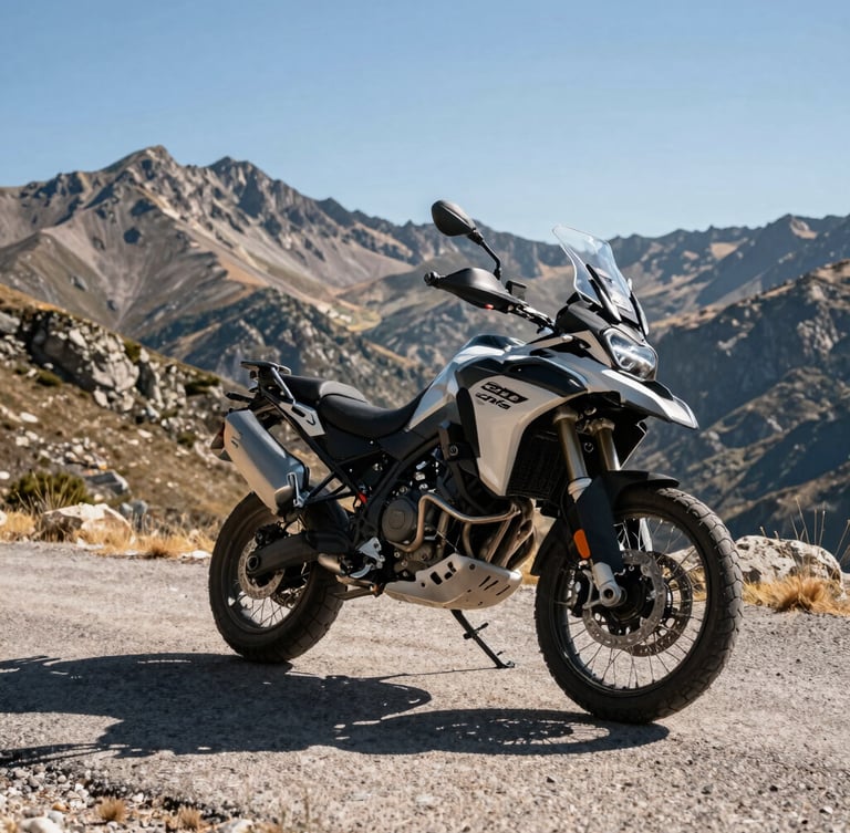 Low-angle shot of a premium adventure touring motorcycle parked on a high-altitude mountain pass in the Sierra de los Filabres, harsh midday sun casting sharp shadows on dry asphalt, arid mountain peaks in the background.