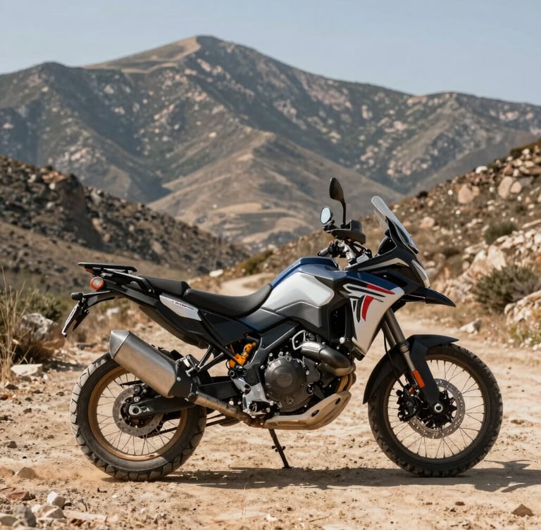 Low-angle hero shot of a modern adventure touring motorcycle parked on a dusty mountain pass in the Sierra de los Filabres, harsh high-contrast midday sun, dry arid mountains in the background