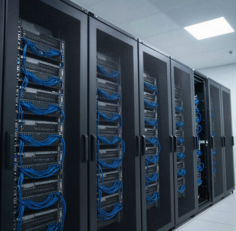Wide angle, crisp technical photography of a modern, clean server room with tidy electric blue cabling, cool slate tones, sharp focus, professional office lighting.