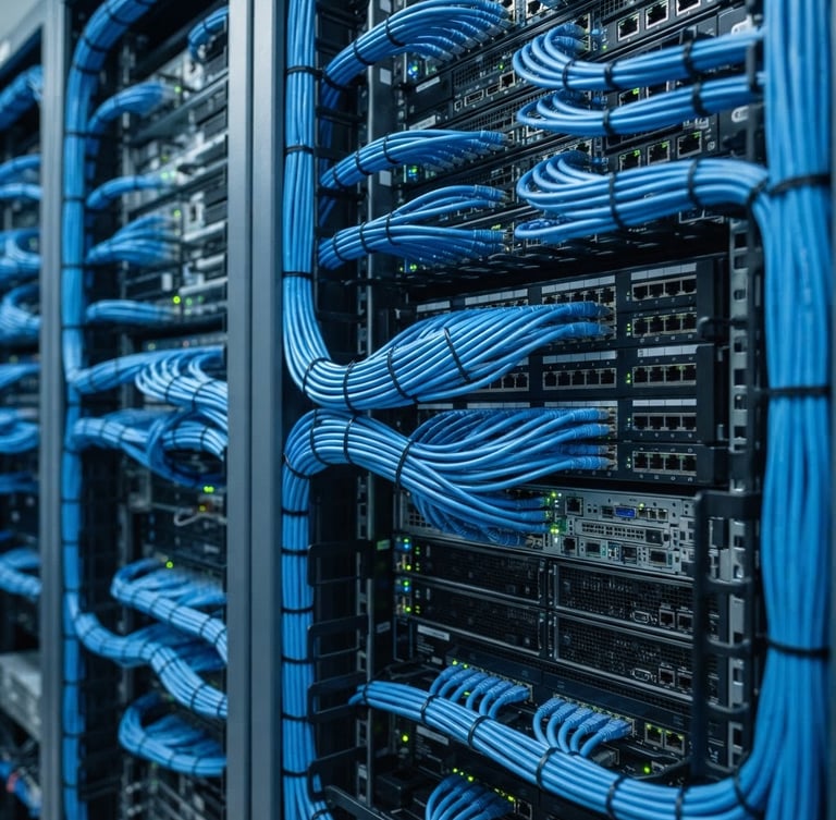 Tight macro shot of organized server racks with tidy blue cabling, cool-toned crisp lighting, slate and electric blue cast, professional server room environment.
