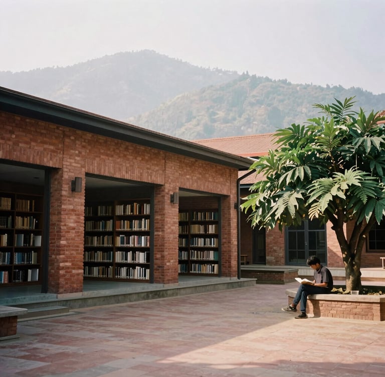 A quiet modern library courtyard in Kathmandu, brick architecture, soft mountain daylight, a student reading a book under a tree, 35mm film.