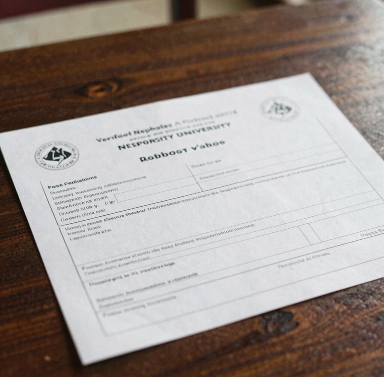 A clean, close-up flatlay of verified Nepalese university admission documents and academic transcripts on a dark wooden table, soft daylight, 35mm film.