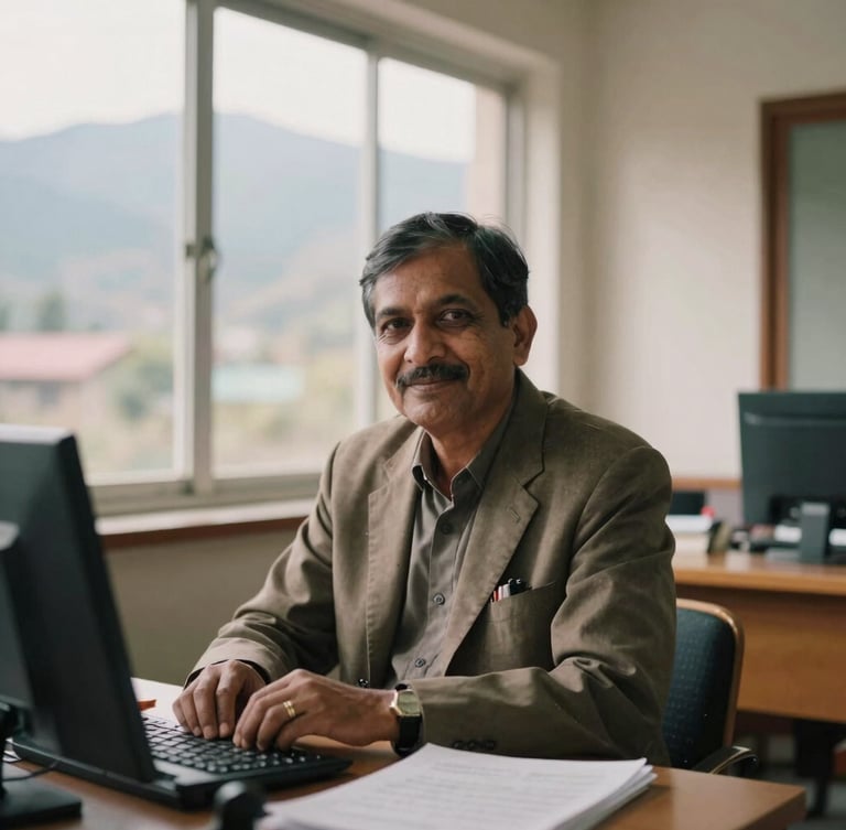 An environmental portrait of a Nepalese academic advisor in a sunlit university office, warm editorial photography, soft natural mountain daylight, muted earth tones, deep depth of field, 35mm film.