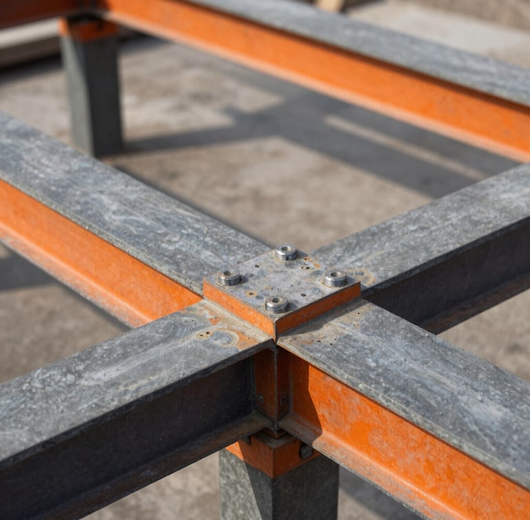 Straight-on architectural crop of structural steel joints on-site, crisp natural daylight, high-contrast slate and orange tones, technical detail, 50mm lens