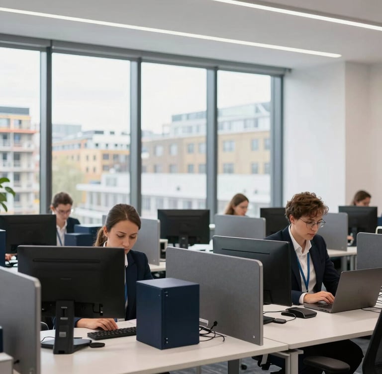 A professional, clean environmental photo of a modern construction agency back-office in London, focused specialists working at desks, soft natural window light, 35mm