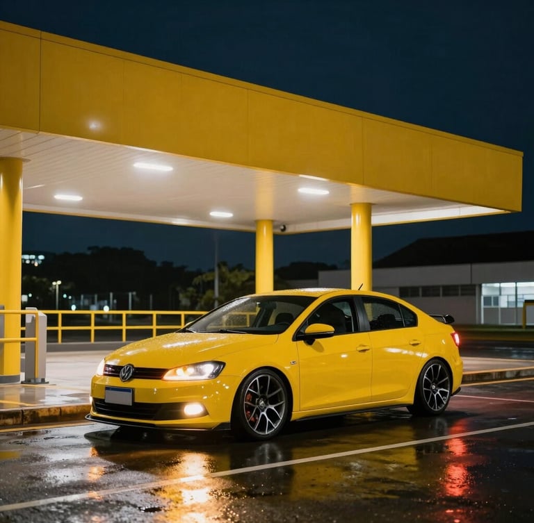 Plataforma hidráulica amarela moderna carregando um carro esportivo rebaixado à noite, luzes de emergência âmbar refletindo no asfalto molhado, enquadramento fechado na fixação das rodas.