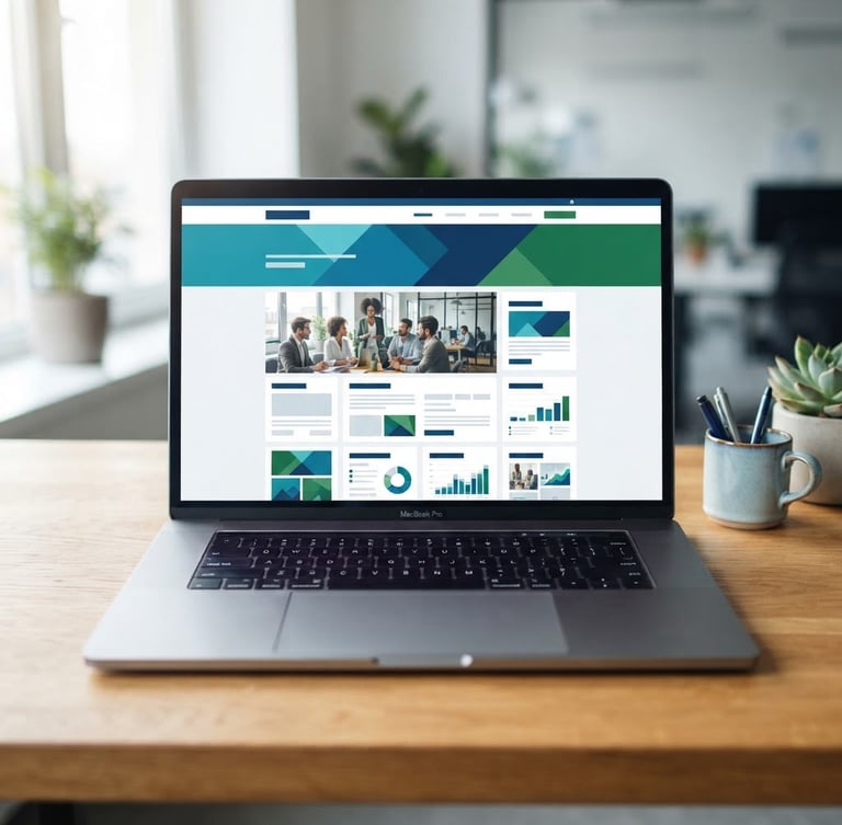 Clean laptop screen displaying a modern corporate website layout on a wooden desk, bright daylight, blue and green accents, sharp focus