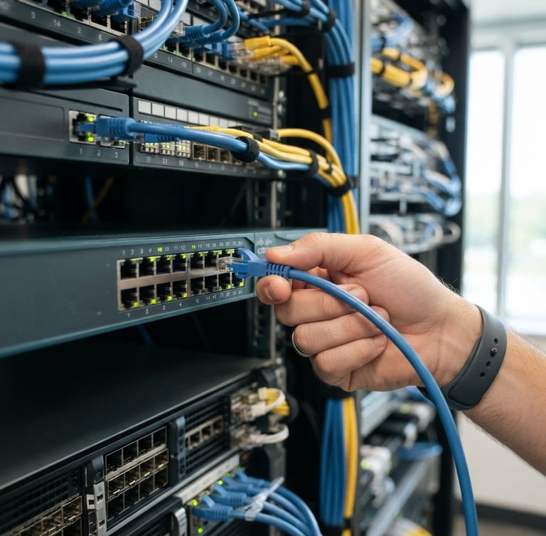 Close-up of a professional IT technician hand connecting a clean blue ethernet cable into a modern network switch, bright natural office lighting, sharp focus