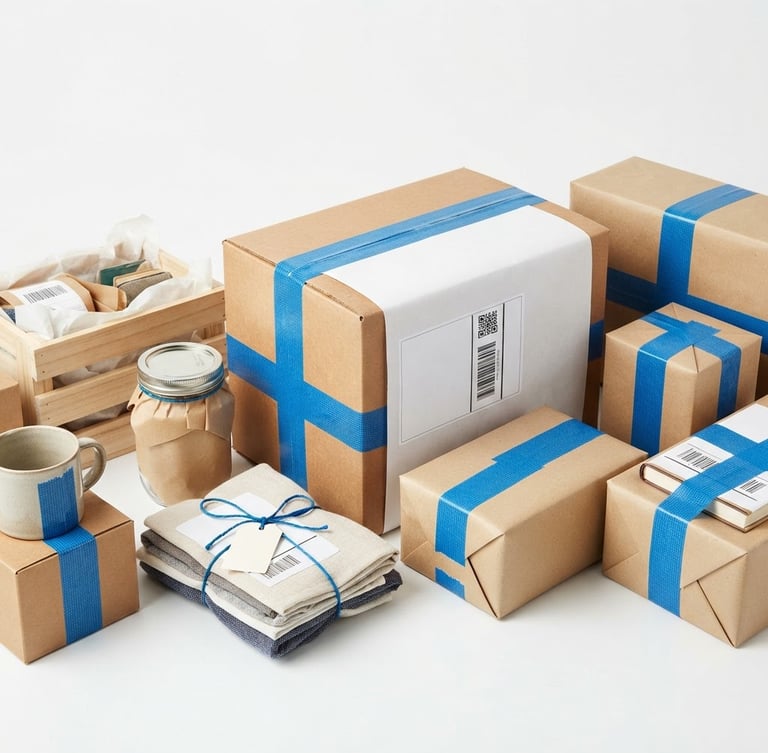 Bright high-key studio shot of packaged household goods on a clean white surface, crisp blue accent tape, neat shipping labels, sharp focus