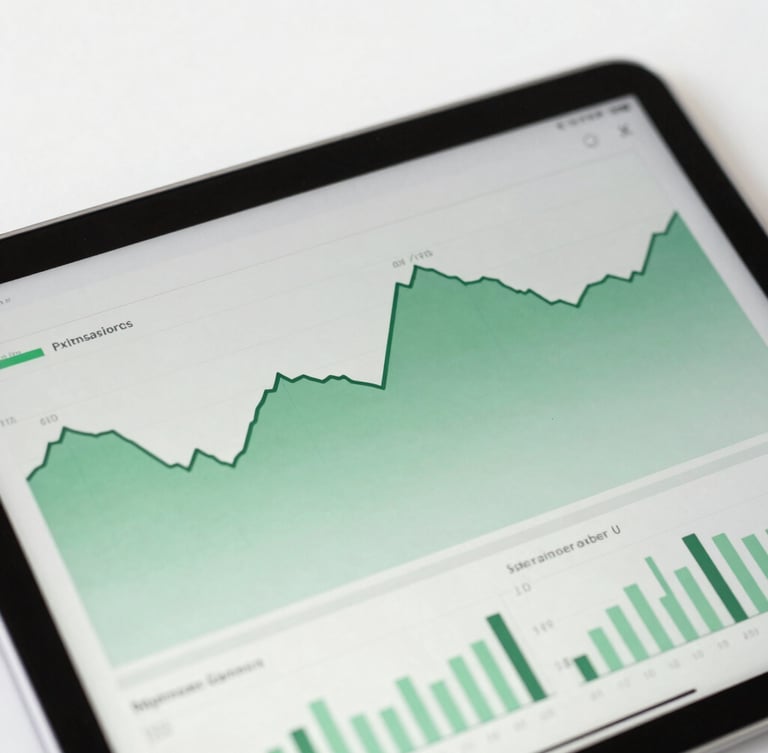 Macro shot of a clean tablet interface showing real-time financial dashboards, bright natural daylight, desaturated forest green tones, sharp focus
