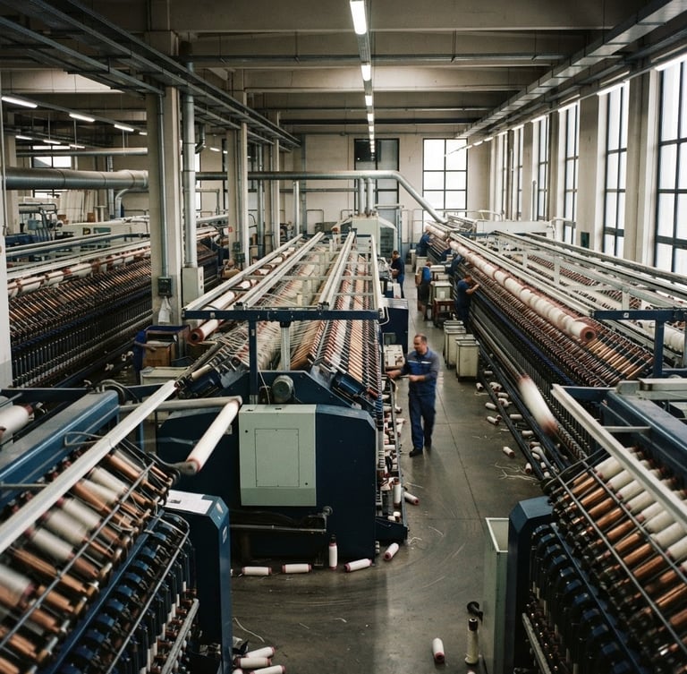 Wide-angle shot of a modern textile factory floor, high-speed spinning frames in motion, dramatic industrial daylight, crisp overhead factory illumination, deep navy and warm brass tones, sharp focus, 35mm.