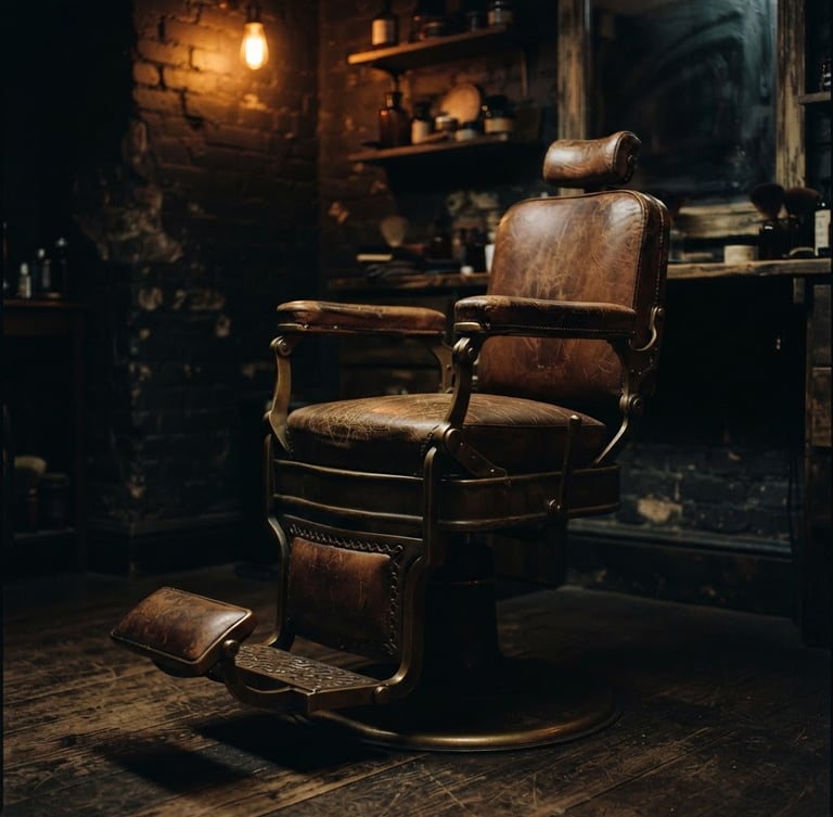 Moody editorial photography of a vintage leather barber chair in a dimly lit corner, warm low-key directional light, deep charcoal and amber tones, shallow depth of field, 35mm