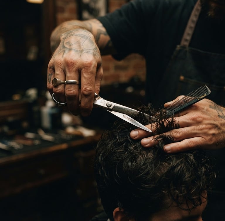 Moody editorial photography, close-up of master barber hands using steel shears on dark hair, warm low-key directional light, shallow depth of field, 35mm
