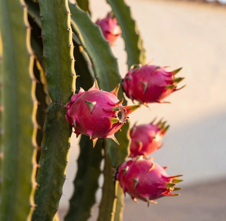 Close-up of vibrant pink pitayas growing on a green cactus vine under the warm Andalusian sun, soft golden hour lighting, shallow depth of field.