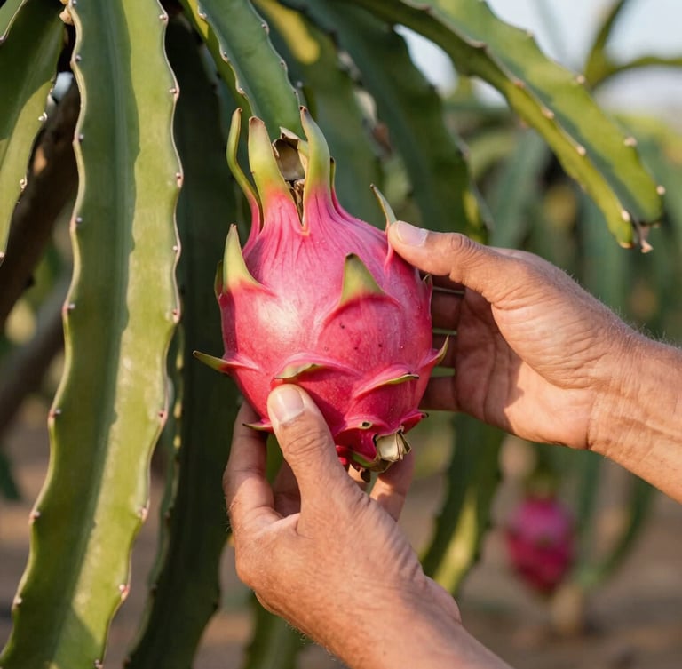 Hands of a farmer gently inspecting a ripe pink dragon fruit on the vine, warm morning sunlight, focus on the texture of the skin, 35mm.