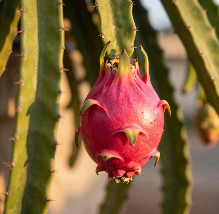 Close-up of a vibrant pink pitaya fruit hanging from a green cactus vine, warm golden-hour Andalusian sunlight illuminating the skin texture, soft background focus