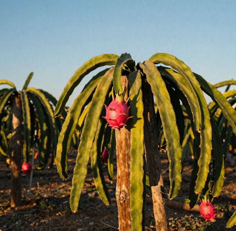 Portrait editorial photography of a lush dragon fruit plantation in Andalusia, green cacti climbing rustic wooden posts under warm golden-hour sunlight, clear blue sky, 35mm