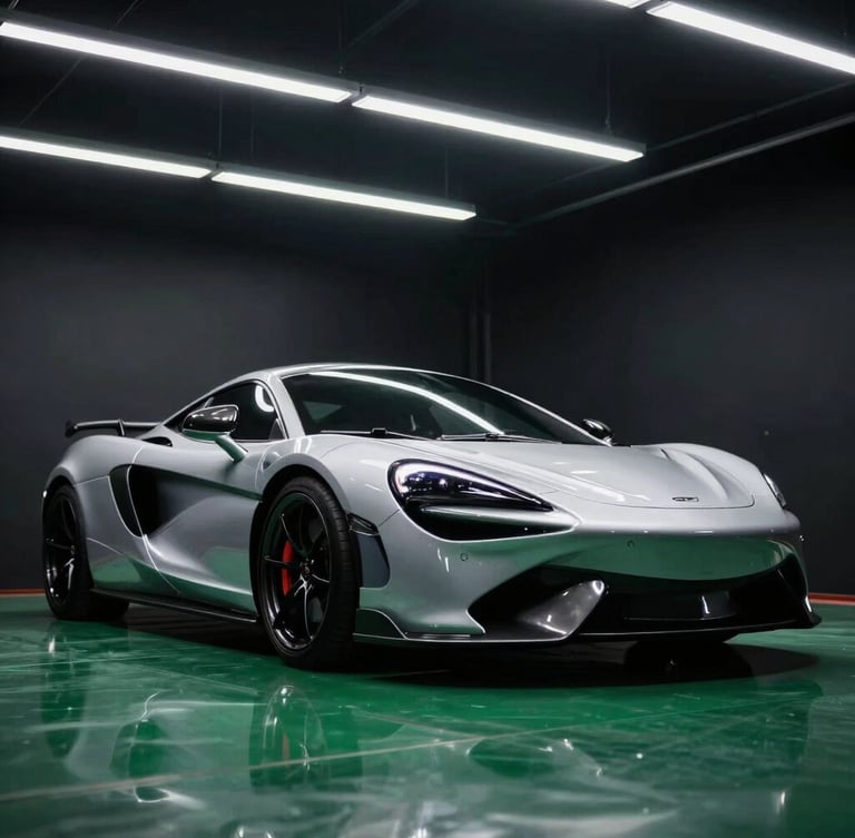 Low-angle dramatic photograph of a pristine sports car in a sterile dark-mode detailing bay under bright overhead LED light bars, sharp green reflections, 35mm