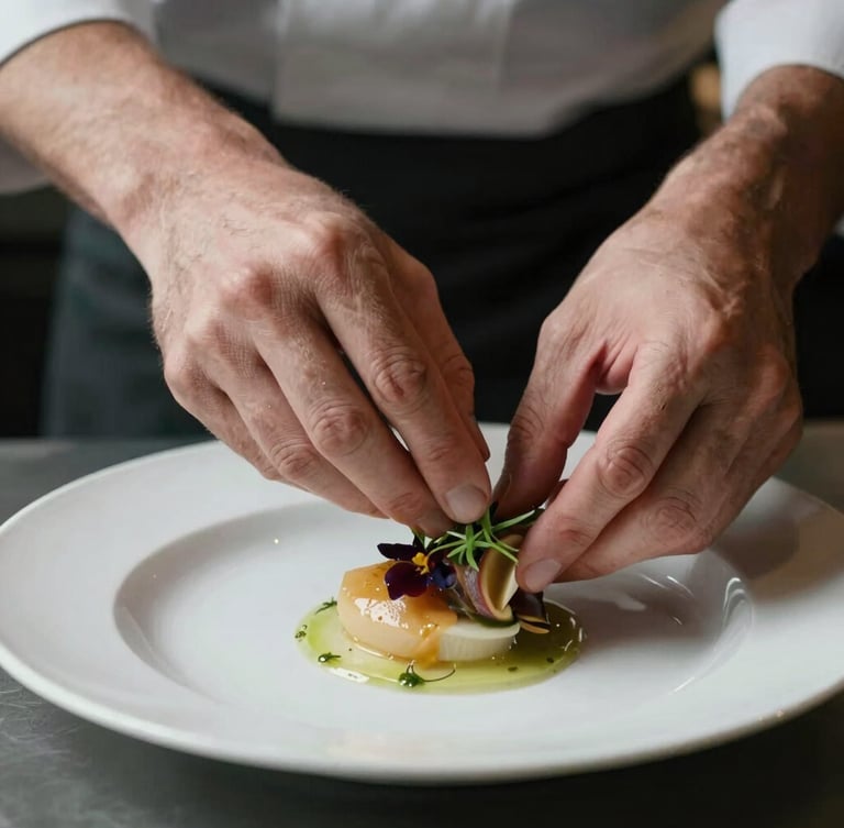 Close-up of a chef's hands plating a delicate dish, soft natural side lighting, dark moody background, focus on texture.