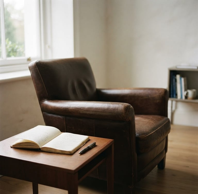 Minimalist clinical consultation room with soft natural window light, an empty classic leather armchair, a notebook on a side table, muted academic tones, shallow depth of field, 35mm
