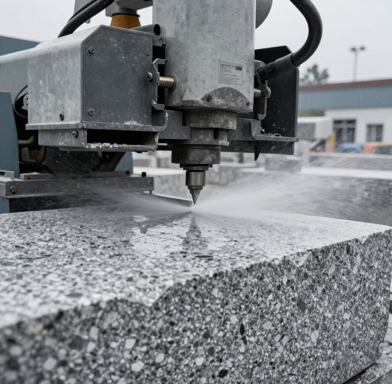 Industrial diamond-wire saw machine slicing through a massive block of raw grey granite, water spray reflections, overcast daylight, sharp focus, 35mm lens.