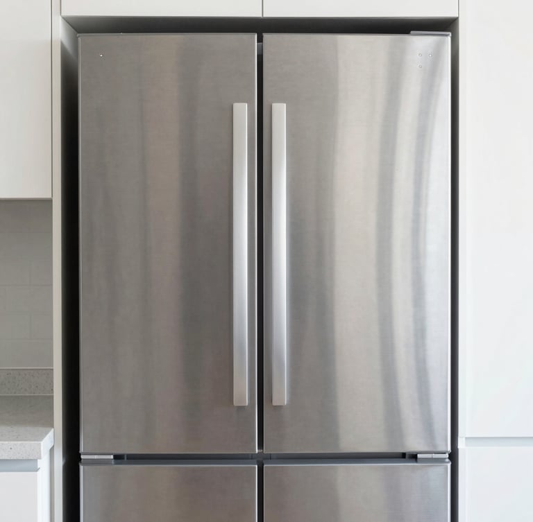 Straight-on architectural crop of a brushed-steel refrigerator integrated into a modern kitchen, soft side-light, sharp focus on metallic seams, 50mm lens.