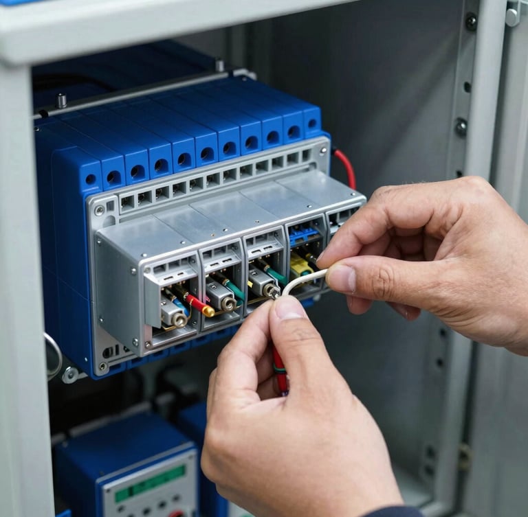 Sharp industrial photograph of hands wiring terminal blocks inside a retrofitted PLC control cabinet, micro-precision details of electrical components, high-contrast workshop lighting, deep blue and metallic silver tones, 50mm lens.