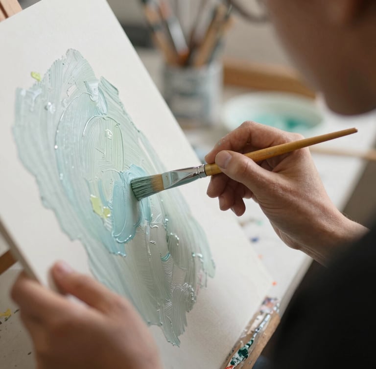 Un artista aplicando pintura acrílica azul claro texturizada sobre un lienzo con un pincel.