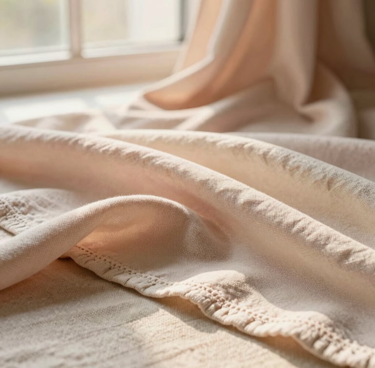 Detailed close-up of premium soft pink and cream fabrics draped over a natural linen surface, warm diffused golden-hour daylight, focusing on delicate weave and craftsmanship