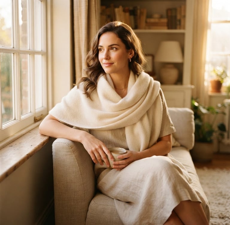 Elegant lifestyle shot of a woman in a soft cream scarf and beige dress, warm golden-hour window light, muted cream and beige tones, shallow depth of field, 35mm lens