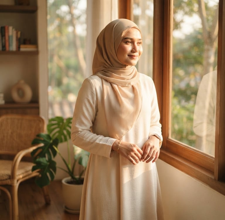 Medium shot of a modern Malaysian woman in a soft cream-colored modest dress and elegant beige hijab, standing by a sunlit window with warm golden-hour light casting soft shadows, 35mm lens, depth of field.
