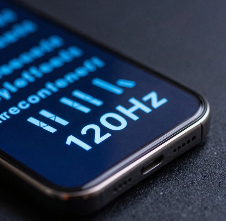 Extreme close-up macro shot of a physical smartphone screen reflecting electric-blue code, sharp edge lighting, dark studio environment, showing a fluid 120Hz UI transition.