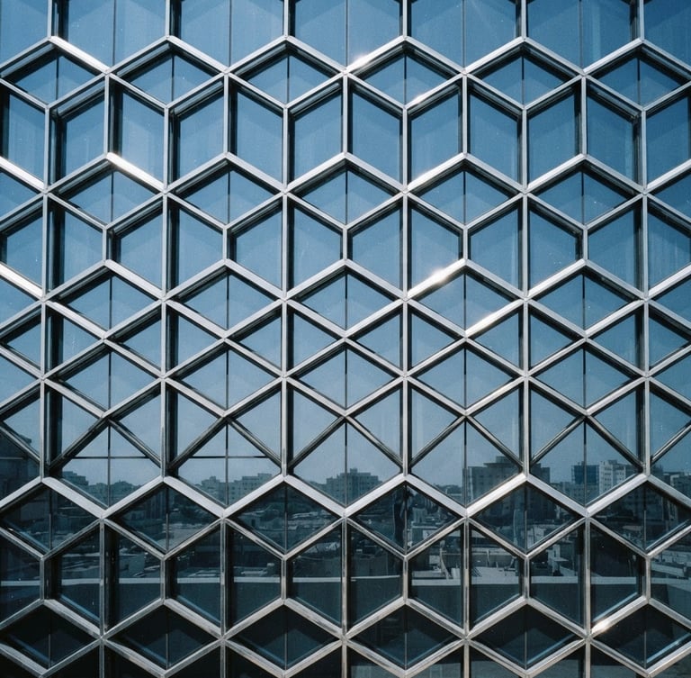 Architectural photography of a modern building facade in Jeddah, sharp metallic reflections, crisp glass-blue tones, bright harsh desert daylight, 35mm
