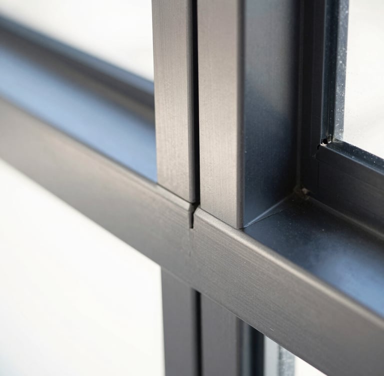 Extreme close-up architectural photography of a flawless aluminum miter joint on a dark anodized charcoal frame, sharp metallic reflections, bright harsh daylight, high contrast.